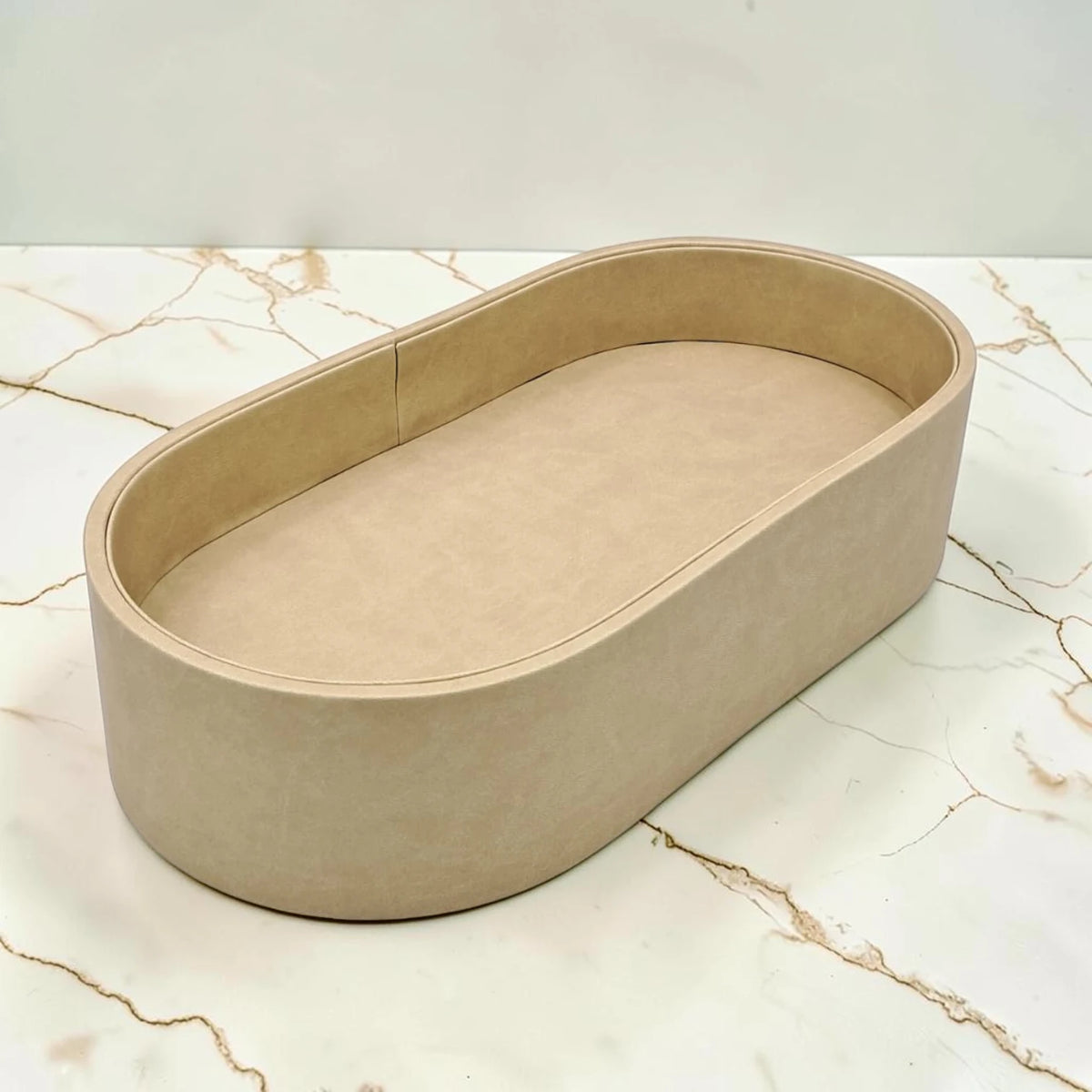 Modern Oval Storage Tray with Clear Acrylic Lid and Knob Handle – Multi-Purpose Countertop Organizer for Kitchen, Bathroom, Vanity & Home Storage (8H x 35L × 18W CM)