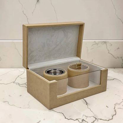 Luxury Faux Leather Mabkhara & Bakhoor Storage Box Set with Glass Front Display, Stainless Steel Incense Burner Cup and Covered Bakhoor Container, Home Majlis Ramadan Gift Set, Available in Multiple Colors (13H x 27L × 16.5W CM)