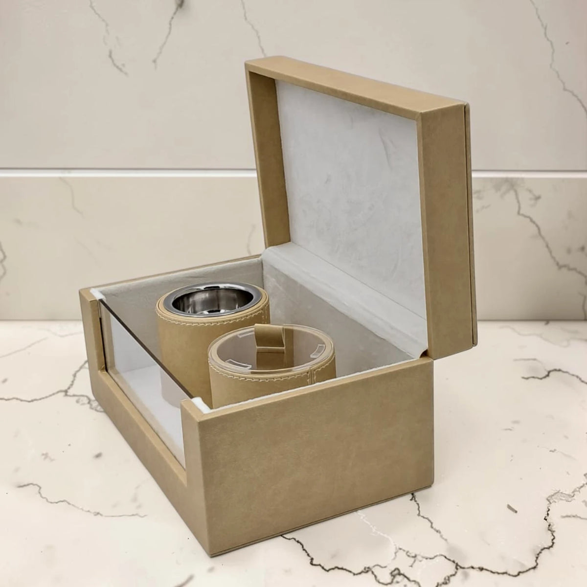 Luxury Faux Leather Mabkhara & Bakhoor Storage Box Set with Glass Front Display, Stainless Steel Incense Burner Cup and Covered Bakhoor Container, Home Majlis Ramadan Gift Set, Available in Multiple Colors (13H x 27L × 16.5W CM)
