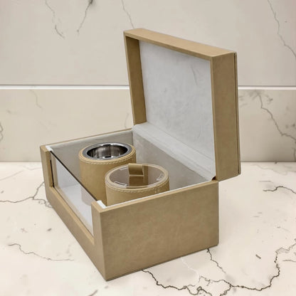 Luxury Faux Leather Mabkhara & Bakhoor Storage Box Set with Glass Front Display, Stainless Steel Incense Burner Cup and Covered Bakhoor Container, Home Majlis Ramadan Gift Set, Available in Multiple Colors (13H x 27L × 16.5W CM)