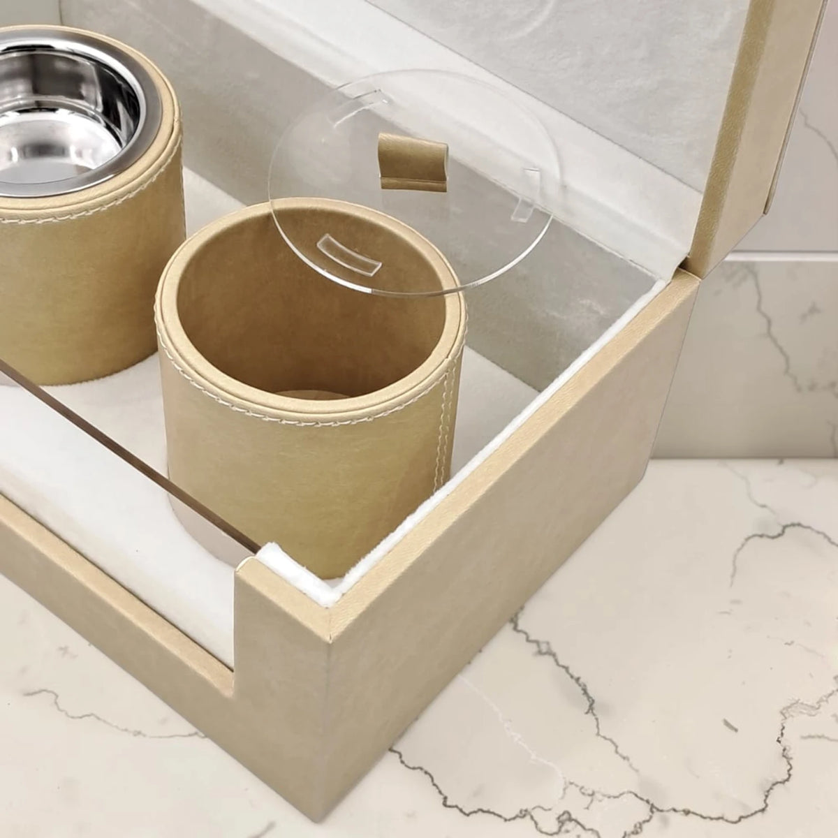 Luxury Faux Leather Mabkhara & Bakhoor Storage Box Set with Glass Front Display, Stainless Steel Incense Burner Cup and Covered Bakhoor Container, Home Majlis Ramadan Gift Set, Available in Multiple Colors (13H x 27L × 16.5W CM)