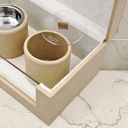 Luxury Faux Leather Mabkhara & Bakhoor Storage Box Set with Glass Front Display, Stainless Steel Incense Burner Cup and Covered Bakhoor Container, Home Majlis Ramadan Gift Set, Available in Multiple Colors (13H x 27L × 16.5W CM)