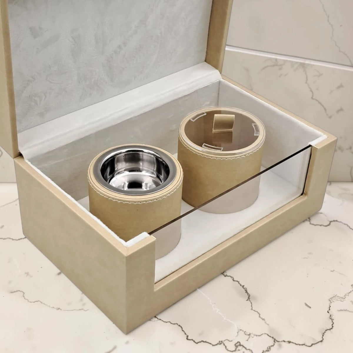 Luxury Faux Leather Mabkhara & Bakhoor Storage Box Set with Glass Front Display, Stainless Steel Incense Burner Cup and Covered Bakhoor Container, Home Majlis Ramadan Gift Set, Available in Multiple Colors (13H x 27L × 16.5W CM)