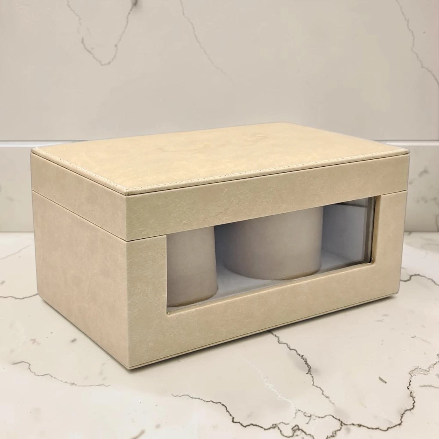 Luxury Faux Leather Mabkhara & Bakhoor Storage Box Set with Glass Front Display, Stainless Steel Incense Burner Cup and Covered Bakhoor Container, Home Majlis Ramadan Gift Set, Available in Multiple Colors (13H x 27L × 16.5W CM)