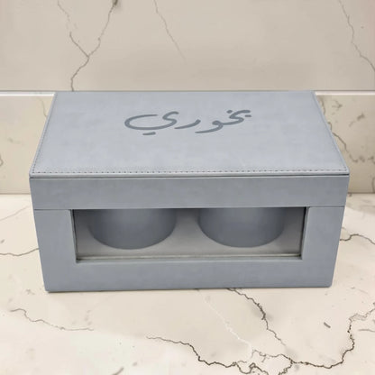 Luxury Faux Leather Mabkhara & Bakhoor Storage Box Set with Glass Front Display, Stainless Steel Incense Burner Cup and Covered Bakhoor Container, Home Majlis Ramadan Gift Set, Available in Multiple Colors (13H x 27L × 16.5W CM)