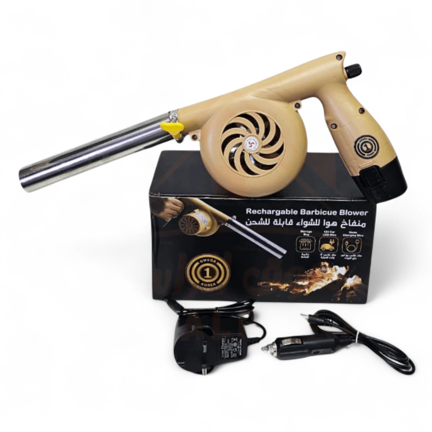 Rechargeable Barbecue Blower – Portable Electric BBQ Fan with USB & Car Charger | Powerful Air Blower for Charcoal, Camping, Home, Park & Beach – Gold