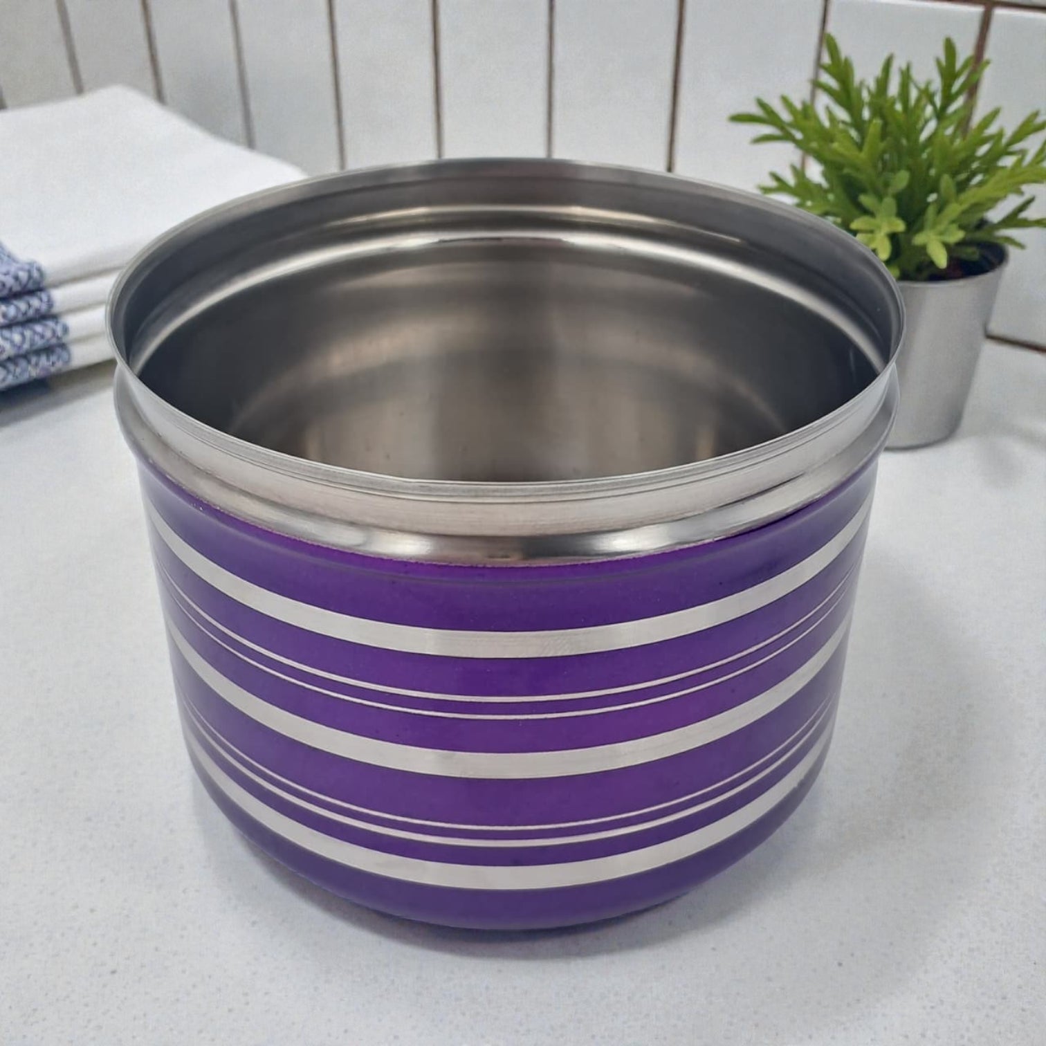 Stainless Steel Food Storage Container with Lid – Purple & Silver Striped Kitchen Bowl for Cooking, Serving & Storage (14H x 13.5L × 13.5W CM) - Damoo