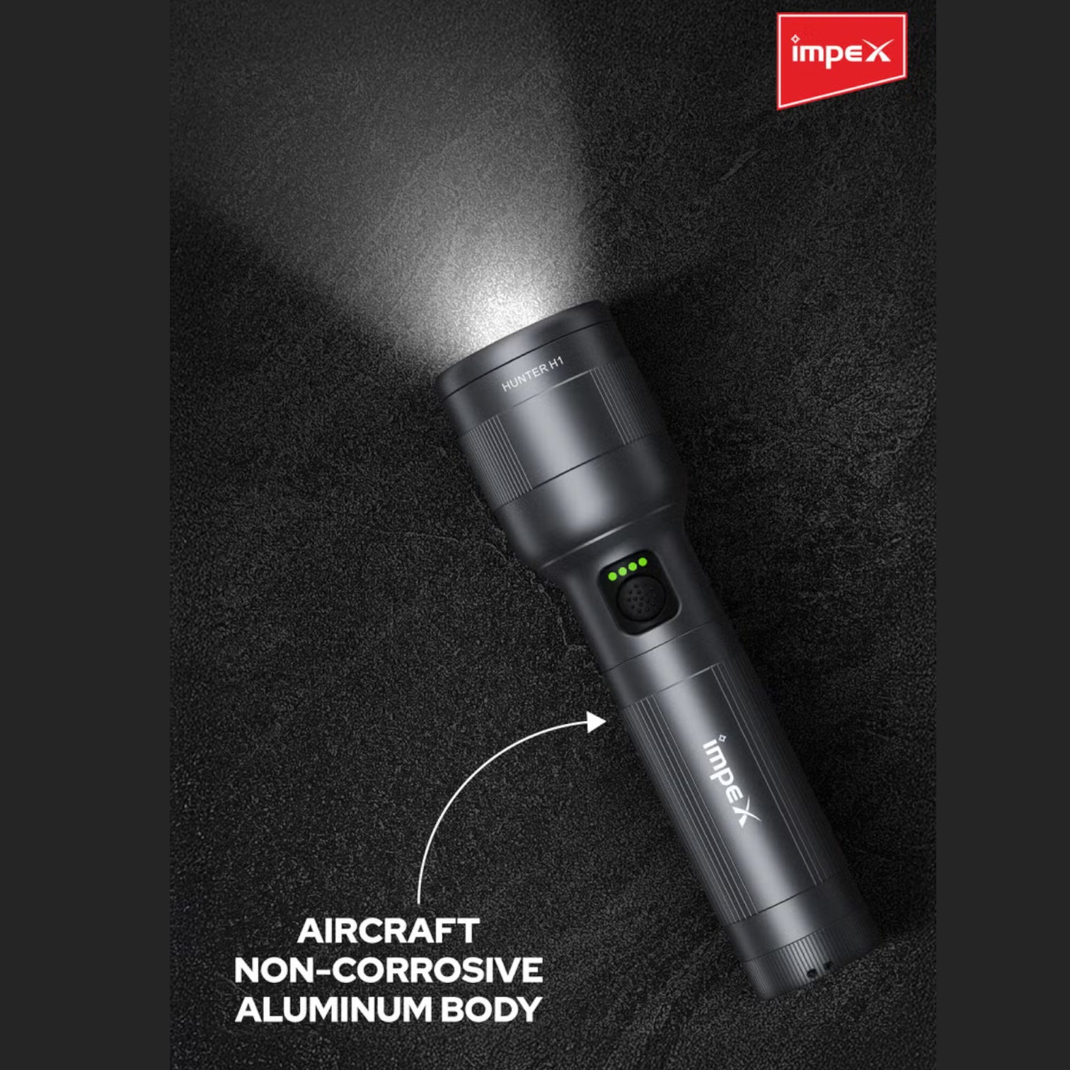 Impex Hunter H1 Rechargeable LED Flashlight | 5050 White Laser LED | 2000mAh Li-ion Battery | 4 Light Modes | 500m Beam | Type-C Fast Charging | Waterproof Aluminum Body