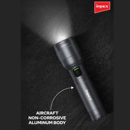Impex Hunter H1 Rechargeable LED Flashlight | 5050 White Laser LED | 2000mAh Li-ion Battery | 4 Light Modes | 500m Beam | Type-C Fast Charging | Waterproof Aluminum Body