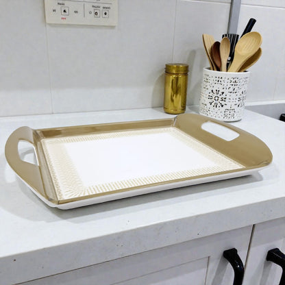 Luxury Rectangular Serving Tray with Handles – White & Gold Decorative Plastic Tray for Tea, Coffee & Table Serving (Available in 2 Sizes) - Damoo