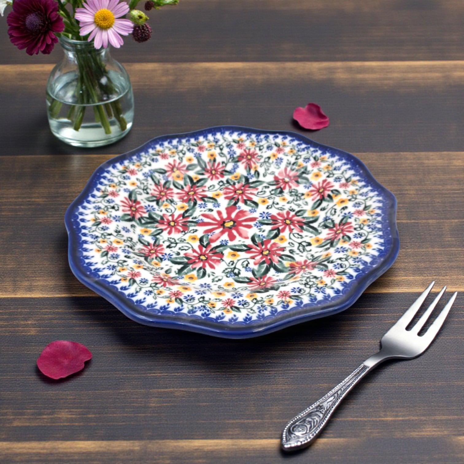 Hand-Painted Ceramic Breakfast Plate 23cm – Boleslawiec Floral Pattern – Stoneware – Microwave & Dishwasher Safe – Durable & Food-Safe Gift Plate
