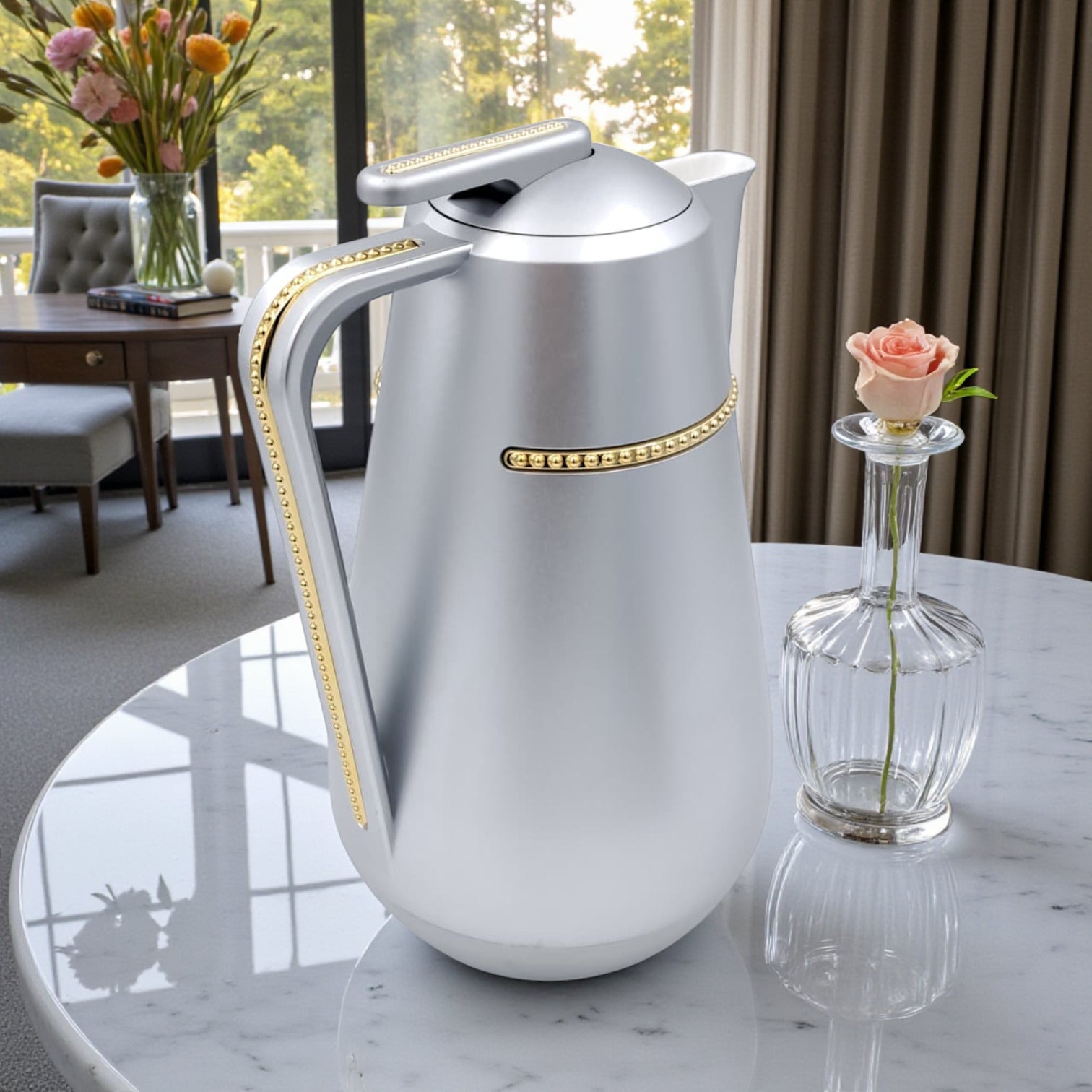 Parati Premium Double-Wall Insulated Tea & Coffee Flask – Rose Gold Vacuum Thermos Jug with Golden Handle Trim | Long-Lasting Heat Preservation | Leak-Proof Lid – 1L