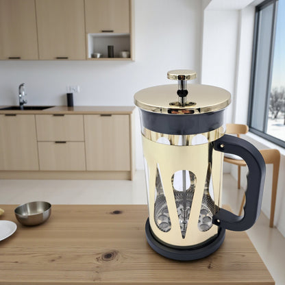 HTH French Press Coffee Maker 1000ml – Premium Stainless Steel Glass Coffee & Tea Press Pot | Heat-Resistant Borosilicate Glass, Gold & Silver Colors