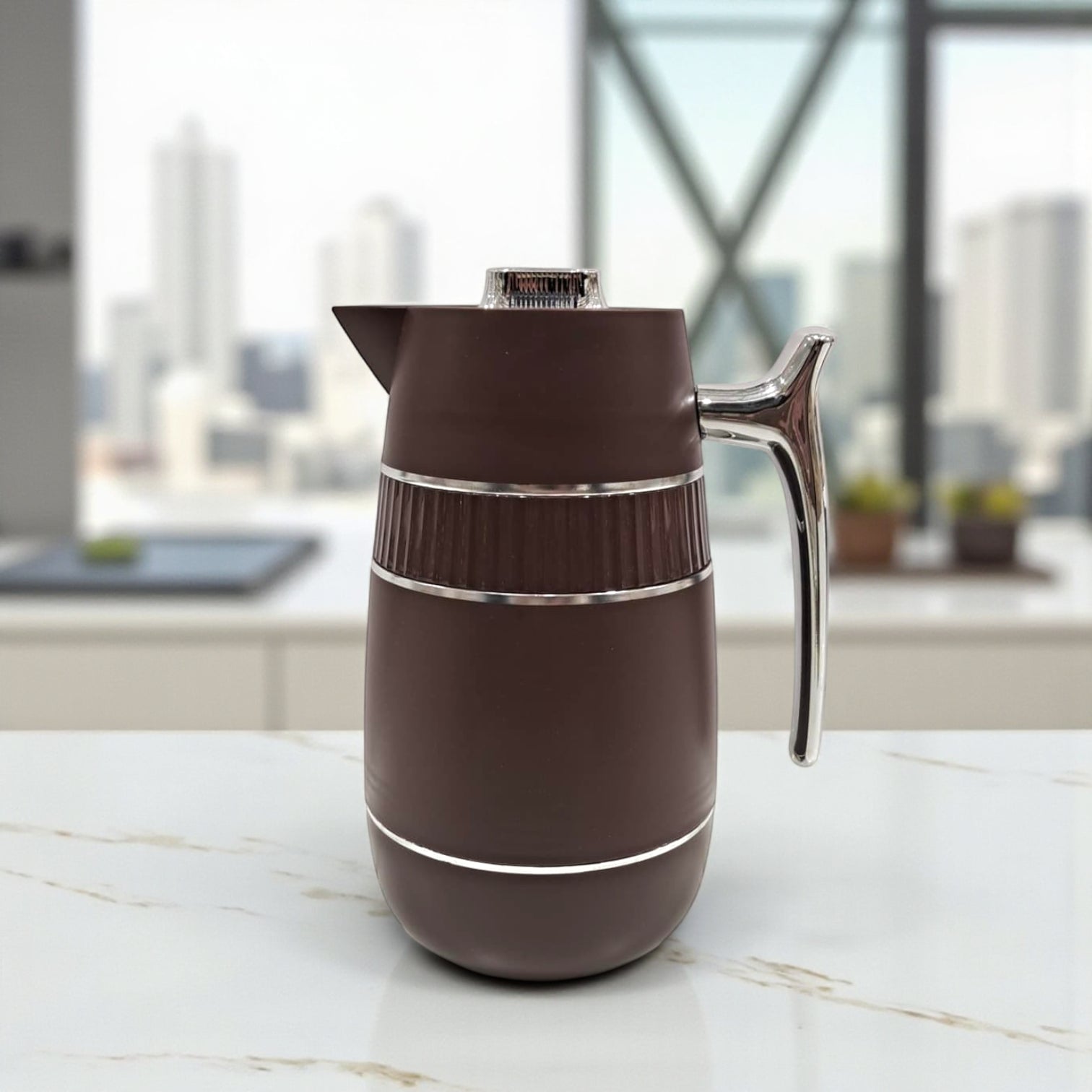 GERMAX Premium Insulated Thermos Flask – Brown with Chrome Handle & Lid – Vacuum Jug for Hot & Cold Drinks, Durable Plastic Body, Elegant Design, 1L Capacity - Damoo