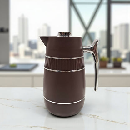 GERMAX Premium Insulated Thermos Flask – Brown with Chrome Handle & Lid – Vacuum Jug for Hot & Cold Drinks, Durable Plastic Body, Elegant Design, 1L Capacity - Damoo