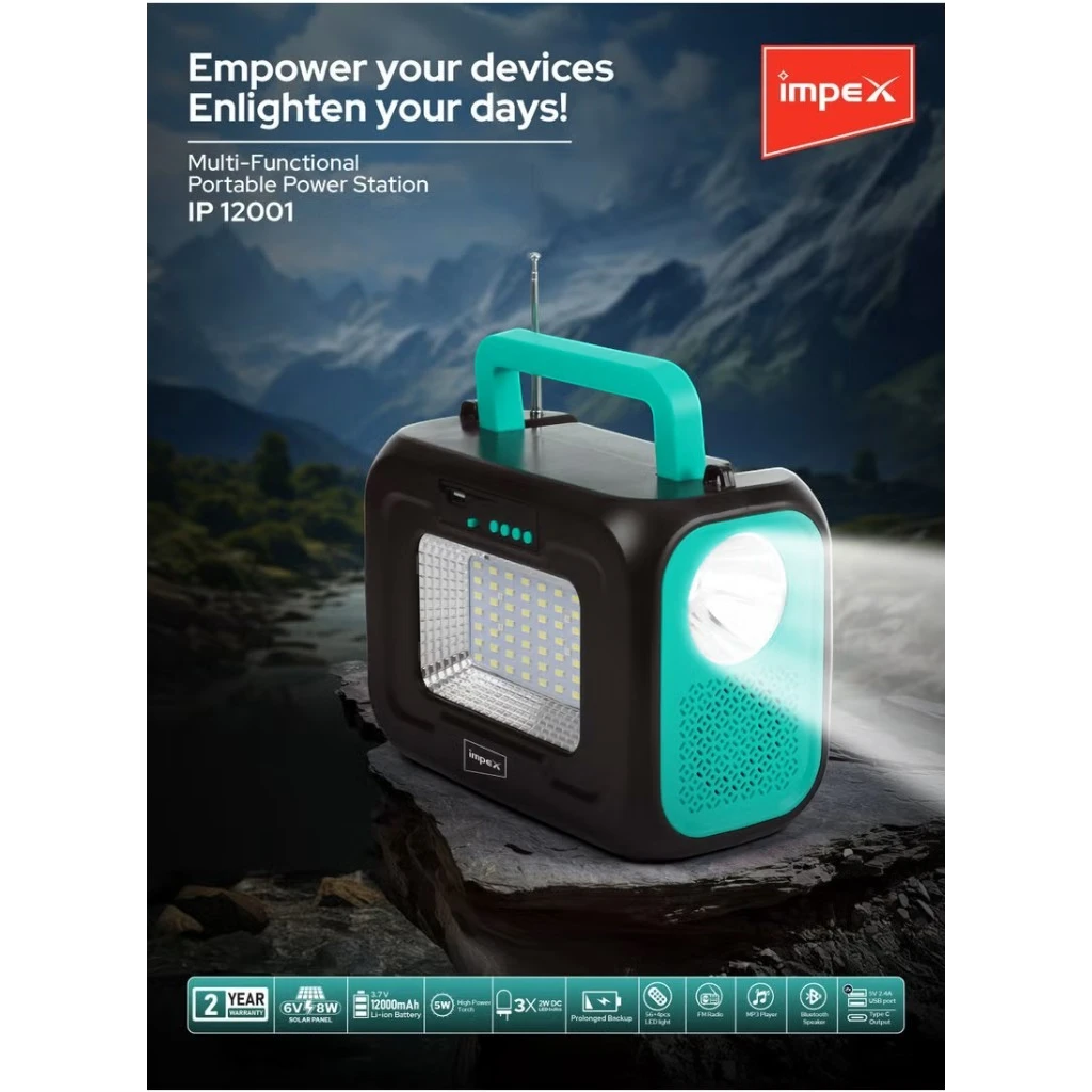 Impex Multifunctional Portable Power Station IP 12001 – 12000mAh Li-Iron Battery with 6V 8W Solar Panel, 5W Torch, FM Radio, Bluetooth Speaker, 3x2W LED Bulbs & Warning Lights – Ideal for Camping, Emergency & Outdoor Use - Damoo