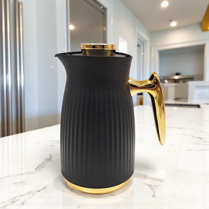 GERMAX Elegant Black & Gold Insulated Thermos Flask – Premium Vacuum Jug for Hot & Cold Beverages – 1 L Capacity with Luxury Golden Handle & Lid - Damoo