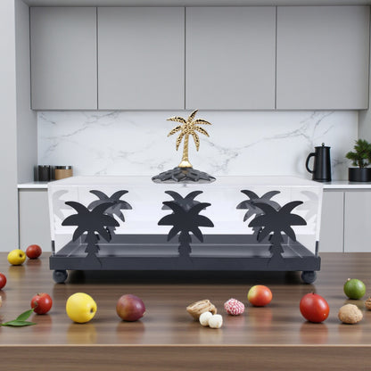 صندوق زخرفي فاخر على شكل شجرة نخيل من الأكريليك والذهب - صينية تخزين أنيقة مع غطاء وقاعدة ذهبية وتصميم نخلة (الارتفاع 16 سم × العرض 10 سم × الطول 24.5 سم)  