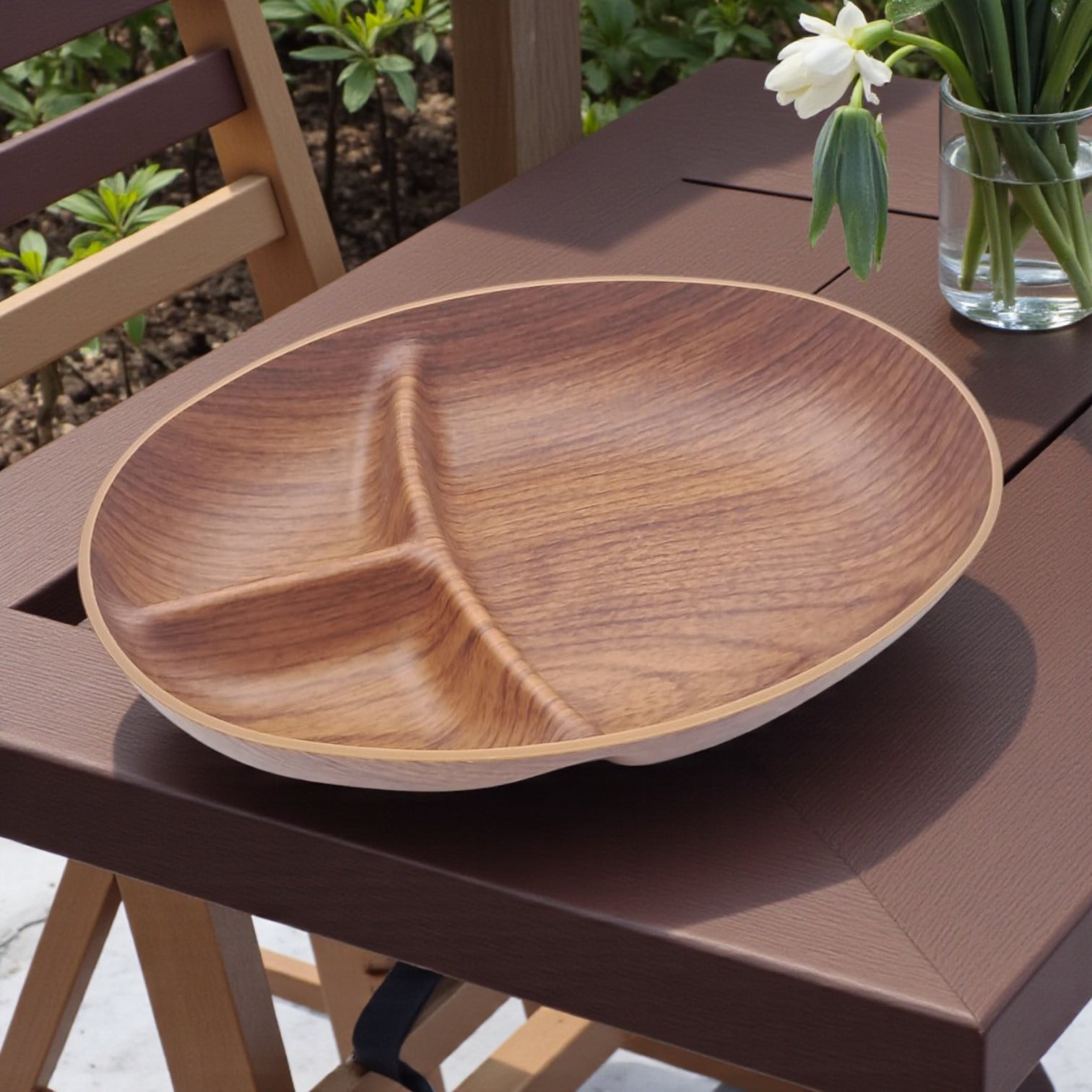 Evelin Tokyo Oval Snack Dish – 3-Compartment Faux Wood Serving Plate | Durable Food-Safe Polystyrene | 17 × 4 × 24 cm