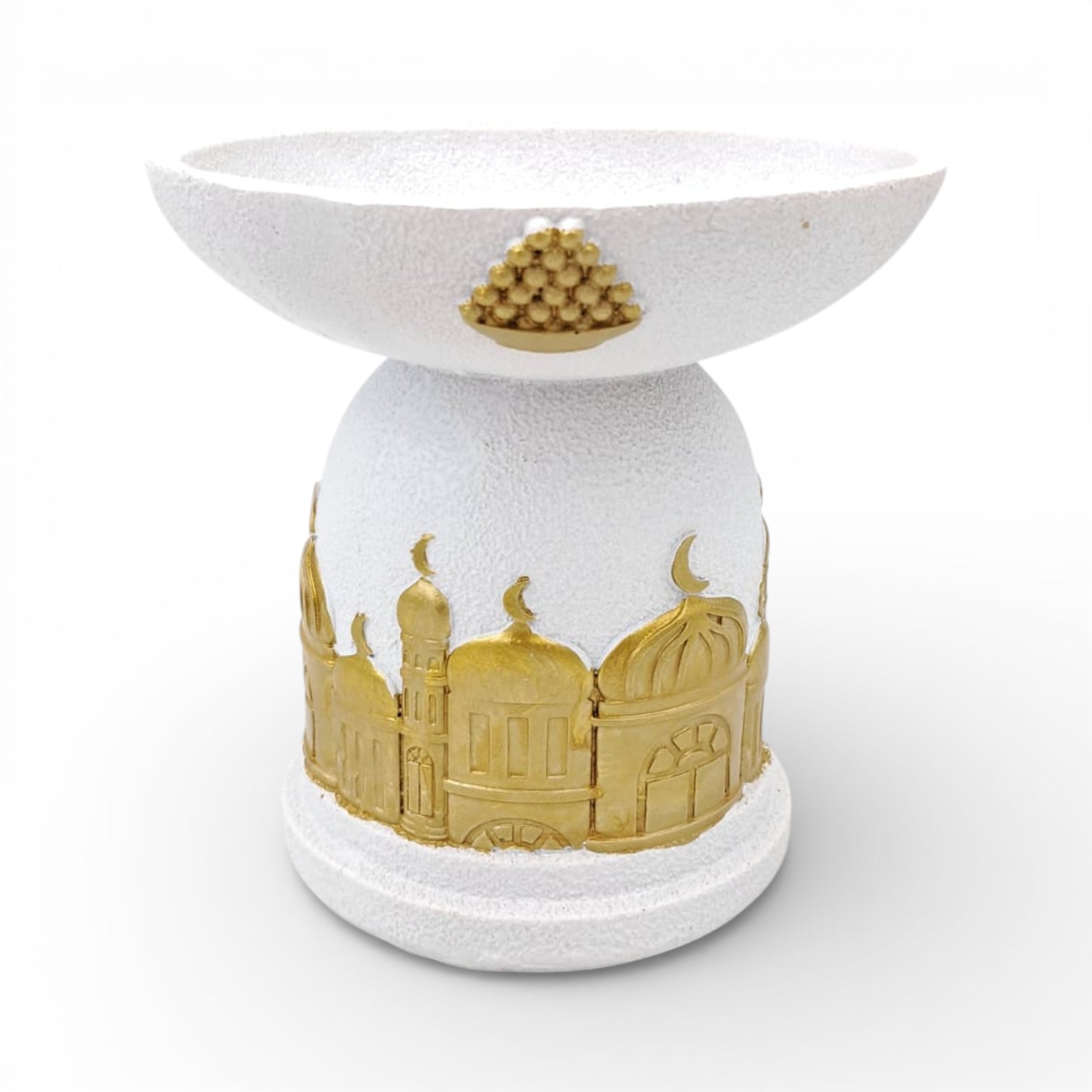 Elegant white and gold Ramadan serving dish inspired by Islamic architecture, perfect for dates, sweets, and majlis hospitality. - Damoo