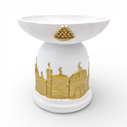 Elegant white and gold Ramadan serving dish inspired by Islamic architecture, perfect for dates, sweets, and majlis hospitality. - Damoo