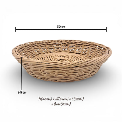 Natural Round Rattan Basket Tray – Handwoven Wicker Bread, Fruit & Snack Serving Basket for Dining Tables & Kitchen Storage (H(6.5cm) x W(30cm) x L(30cm) x Base(23cm)) - Damoo