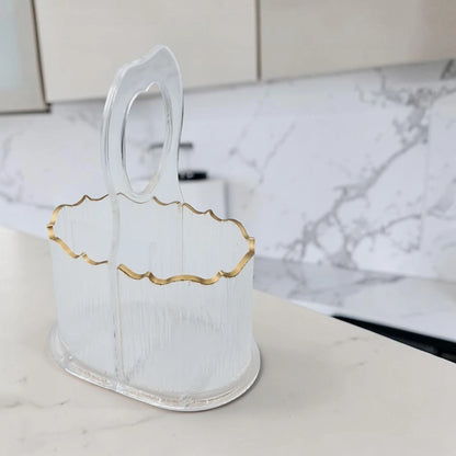 Orchid Acrylic Cutlery Holder with 2 Compartments, Gold Trim Utensil Organizer Stand for Spoons Forks Knives & Napkins, Multi-Purpose Kitchen Countertop Storage Caddy - Damoo