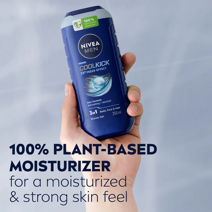 NIVEA MEN Cool Kick Shower Gel 250ml – 3in1 Body Face & Hair Wash with Icy Menthol 24H Fresh Effect pH Balanced Daily Cleanser - Damoo