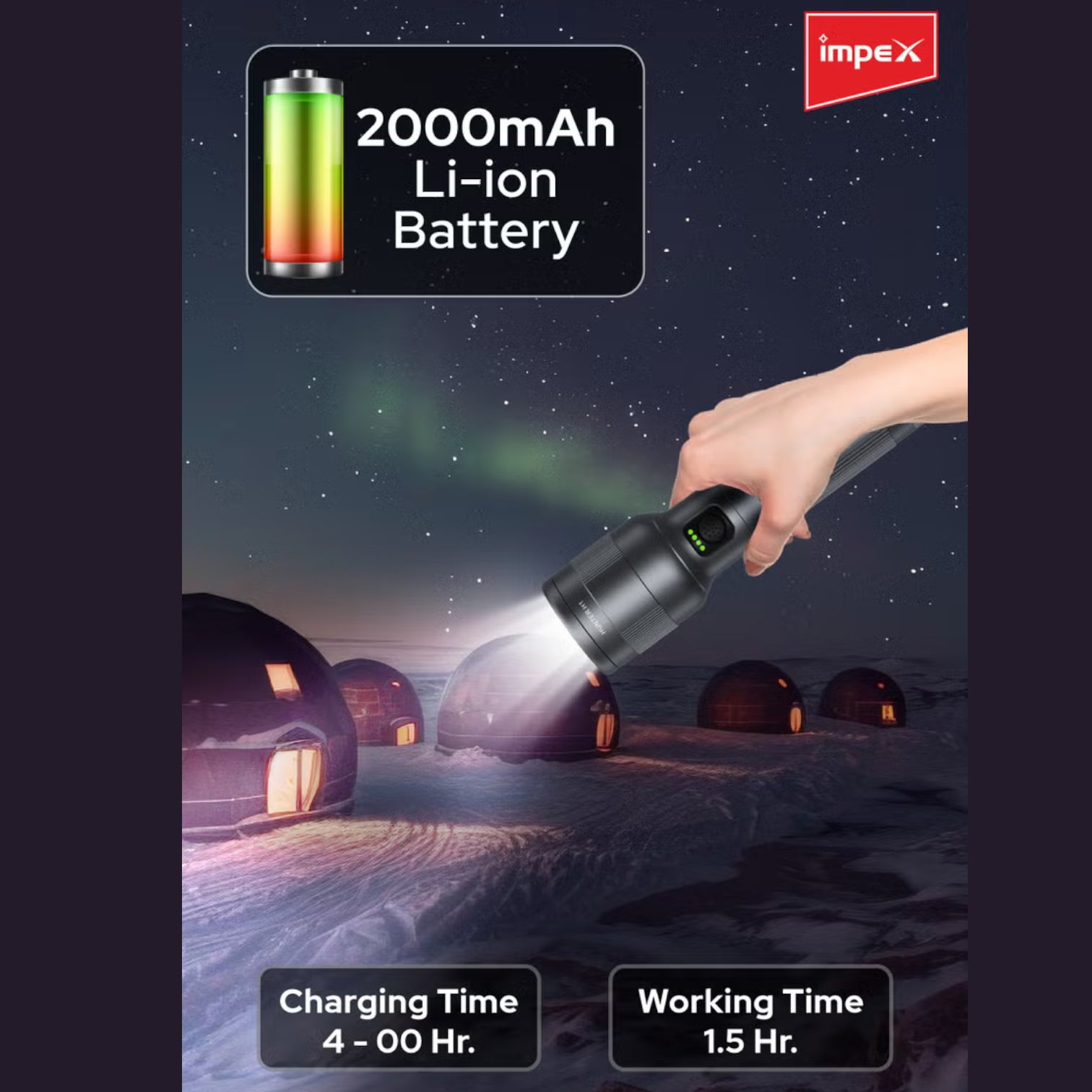 Impex Hunter H1 Rechargeable LED Flashlight | 5050 White Laser LED | 2000mAh Li-ion Battery | 4 Light Modes | 500m Beam | Type-C Fast Charging | Waterproof Aluminum Body