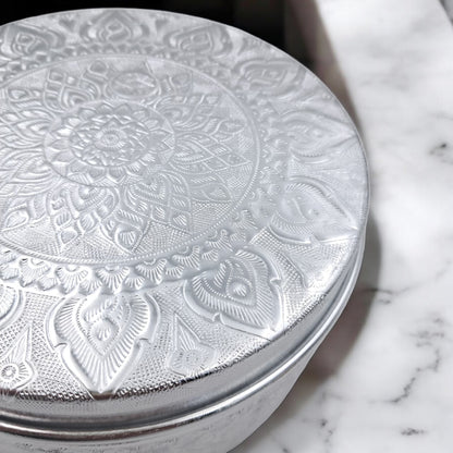 Premium Embossed Aluminum Storage Container with Lid | Decorative Round Metal Box for Sweets, Dates, Spices, Gifts & Home Decor | Lightweight & Durable | H(8cm) x W(15cm) x L(15cm) - Damoo