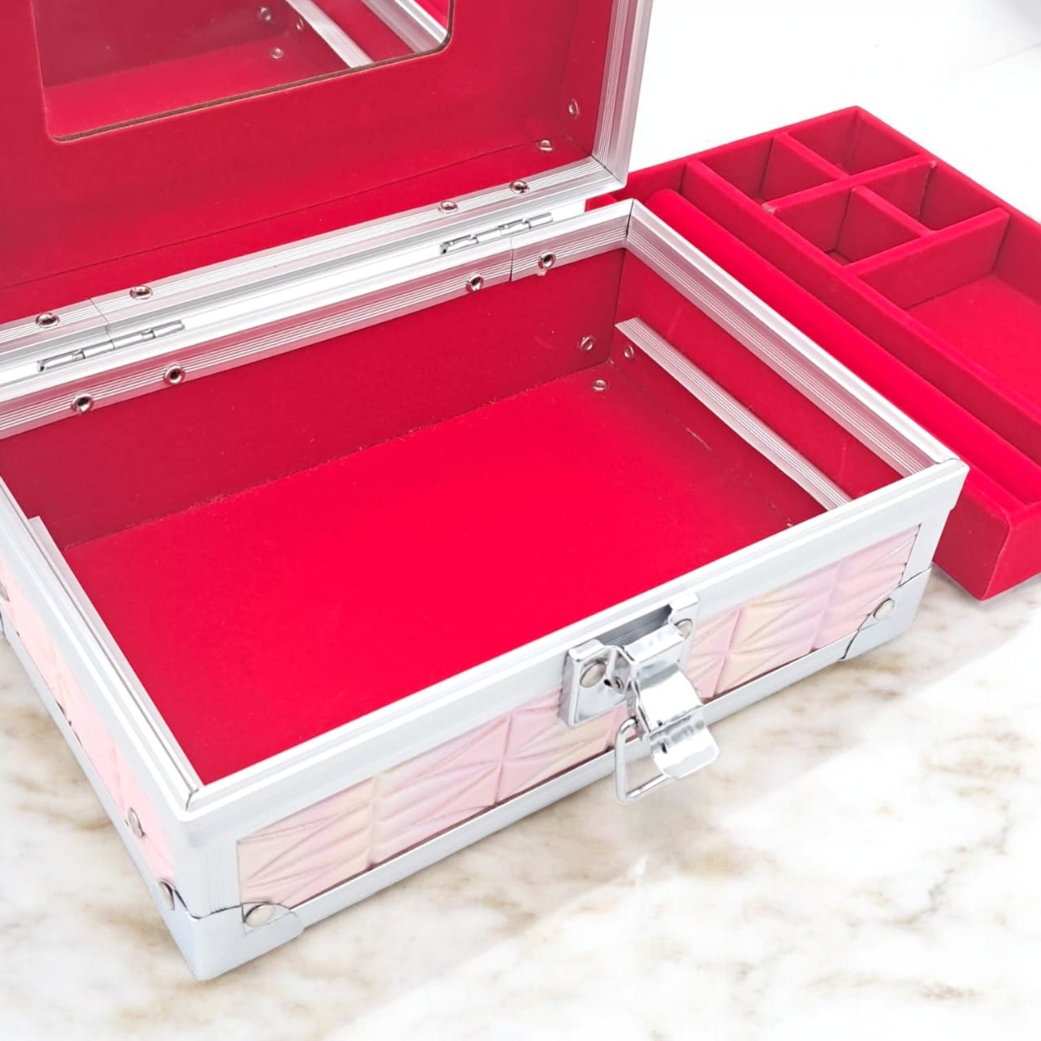 Premium Aluminum Jewelry Storage Box with Mirror & Removable Velvet Organizer – Compact Makeup & Accessories Case (H14cm x W13cm x L18cm) - Damoo
