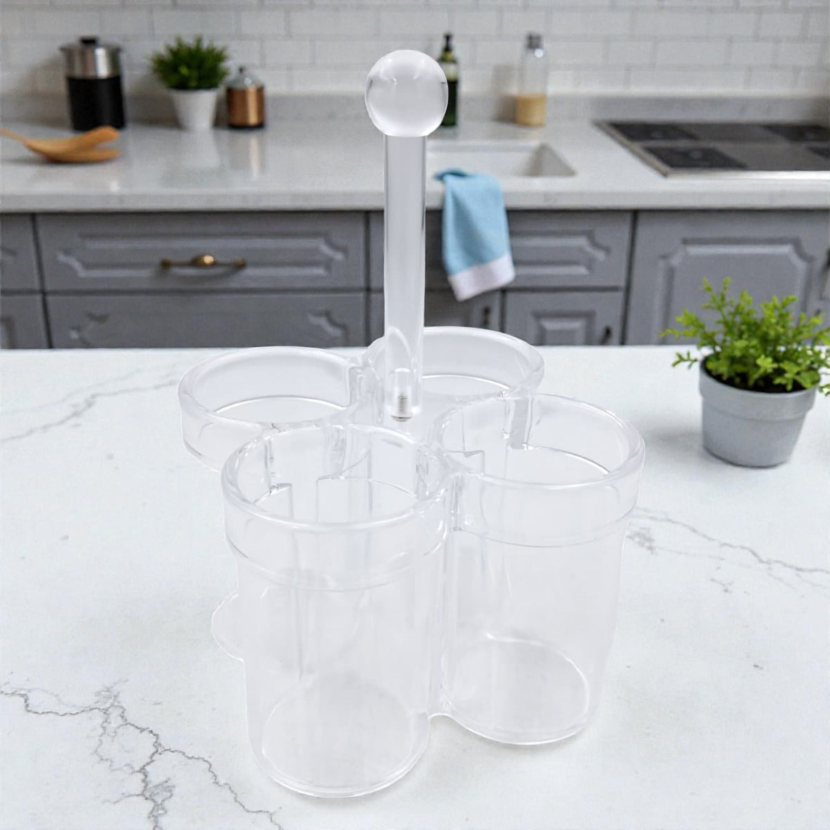 Orchid 4-Compartment Clear Acrylic Utensil Holder – Kitchen Cutlery Organizer with Handle for Countertop & Dining Table (26H x 16L × 16W CM) - Damoo