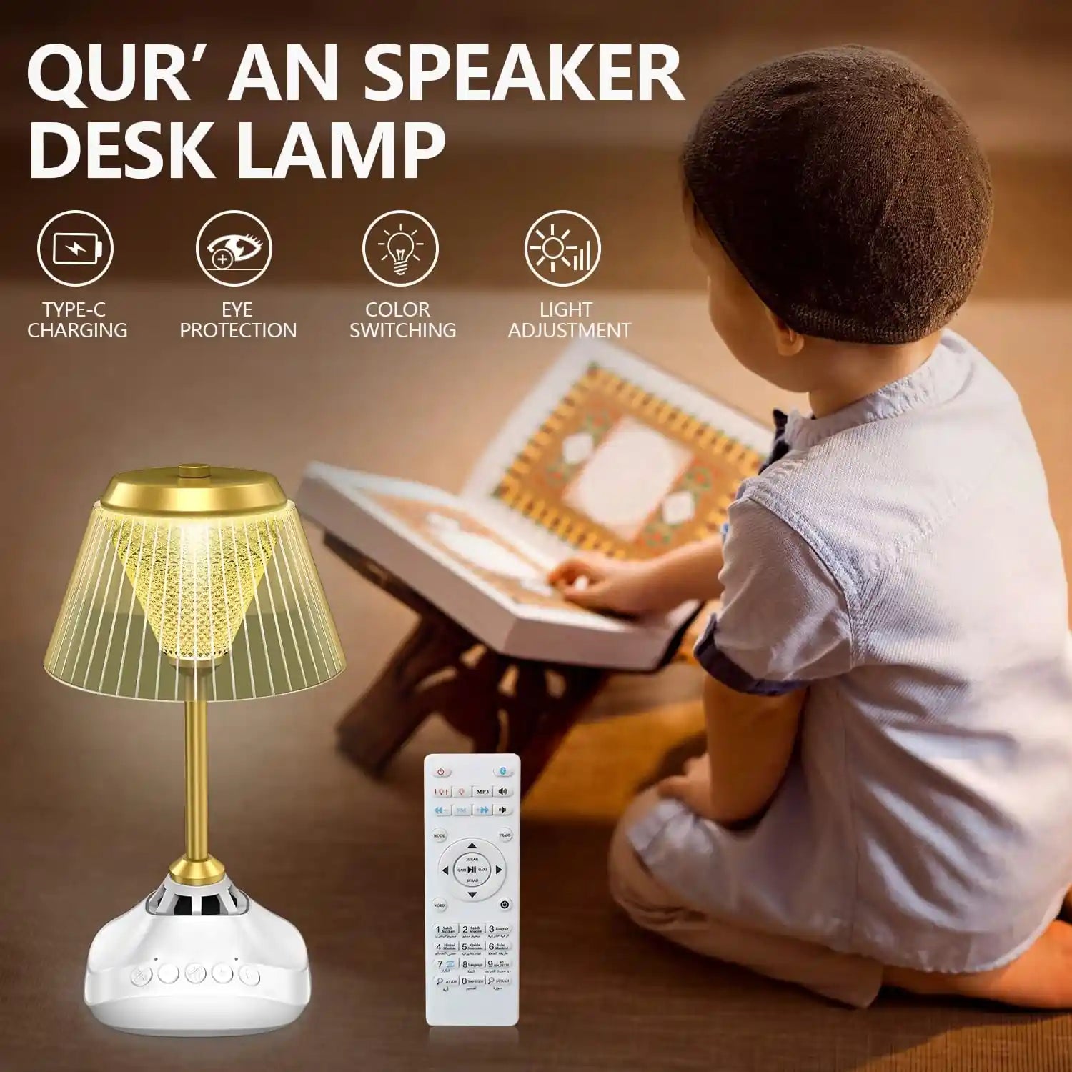 ACHAS Quran Speaker Desk Lamp – 16 Color LED Touch Light with Bluetooth, Remote Control, Dimmable Modes, Islamic Recitations, Night Light Table Lamp for Bedroom, Kids, Gifts - Damoo