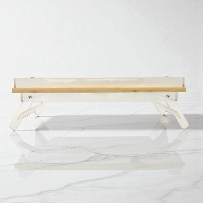 Acrylic Decorative Serving Tray with Wooden Base, Clear Edges, & Foldable Legs | Multi-Purpose Stand, Bed Table, Laptop Desk, or Breakfast Tray | Modern & Elegant Design - Damoo