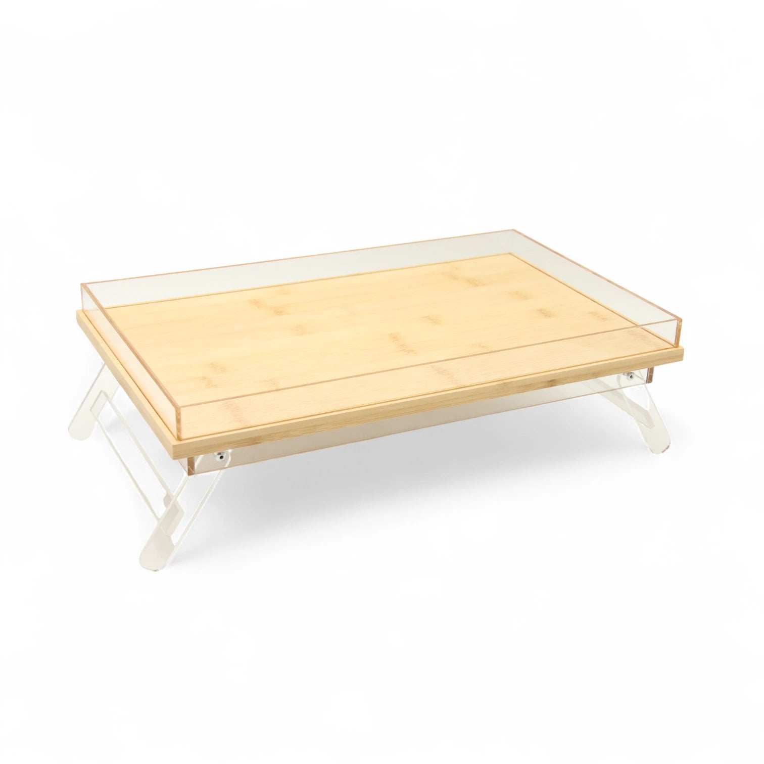 Acrylic Decorative Serving Tray with Wooden Base, Clear Edges, & Foldable Legs | Multi-Purpose Stand, Bed Table, Laptop Desk, or Breakfast Tray | Modern & Elegant Design - Damoo