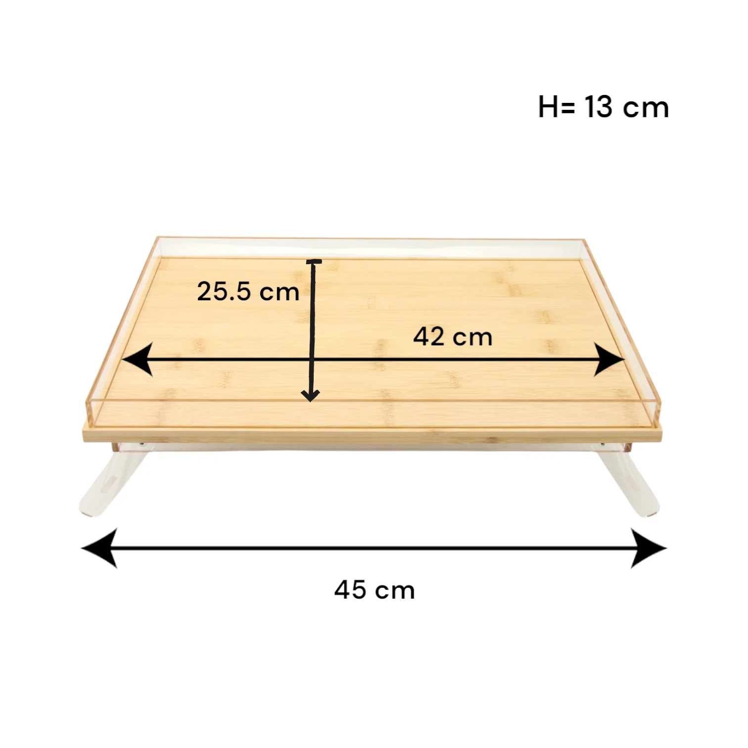 Acrylic Decorative Serving Tray with Wooden Base, Clear Edges, & Foldable Legs | Multi-Purpose Stand, Bed Table, Laptop Desk, or Breakfast Tray | Modern & Elegant Design - Damoo