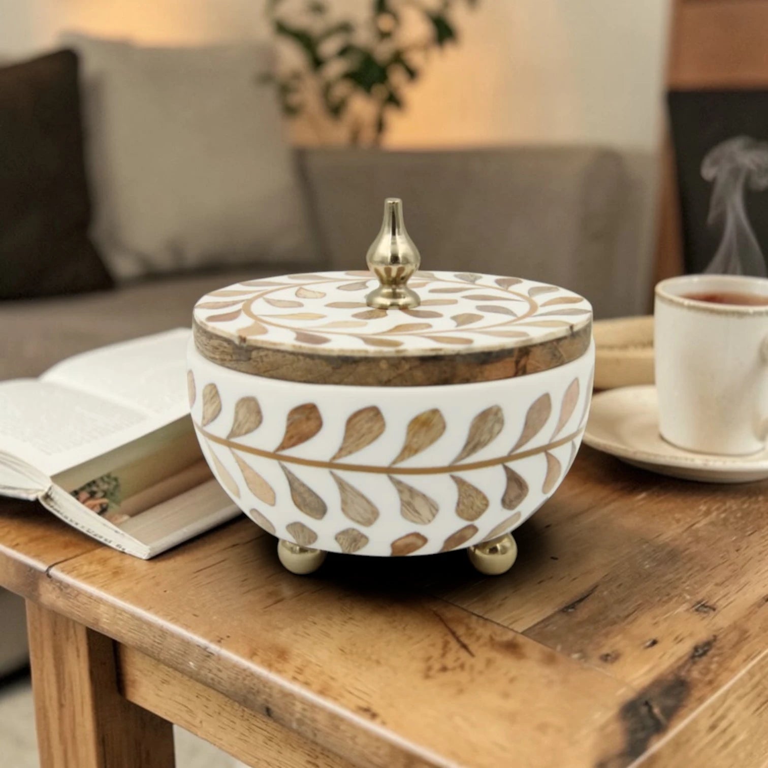 Round Squat Decorative Storage Box with Whitewash Carving – Handmade Wooden Box with Lid & Metal Feet – Elegant Home Décor Organizer (12H x 13L x 13W CM)