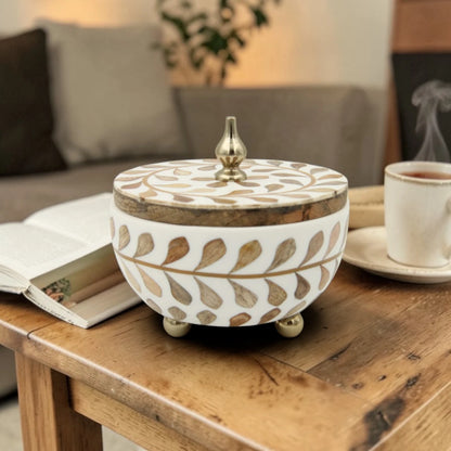 Round Squat Decorative Storage Box with Whitewash Carving – Handmade Wooden Box with Lid & Metal Feet – Elegant Home Décor Organizer (12H x 13L x 13W CM)