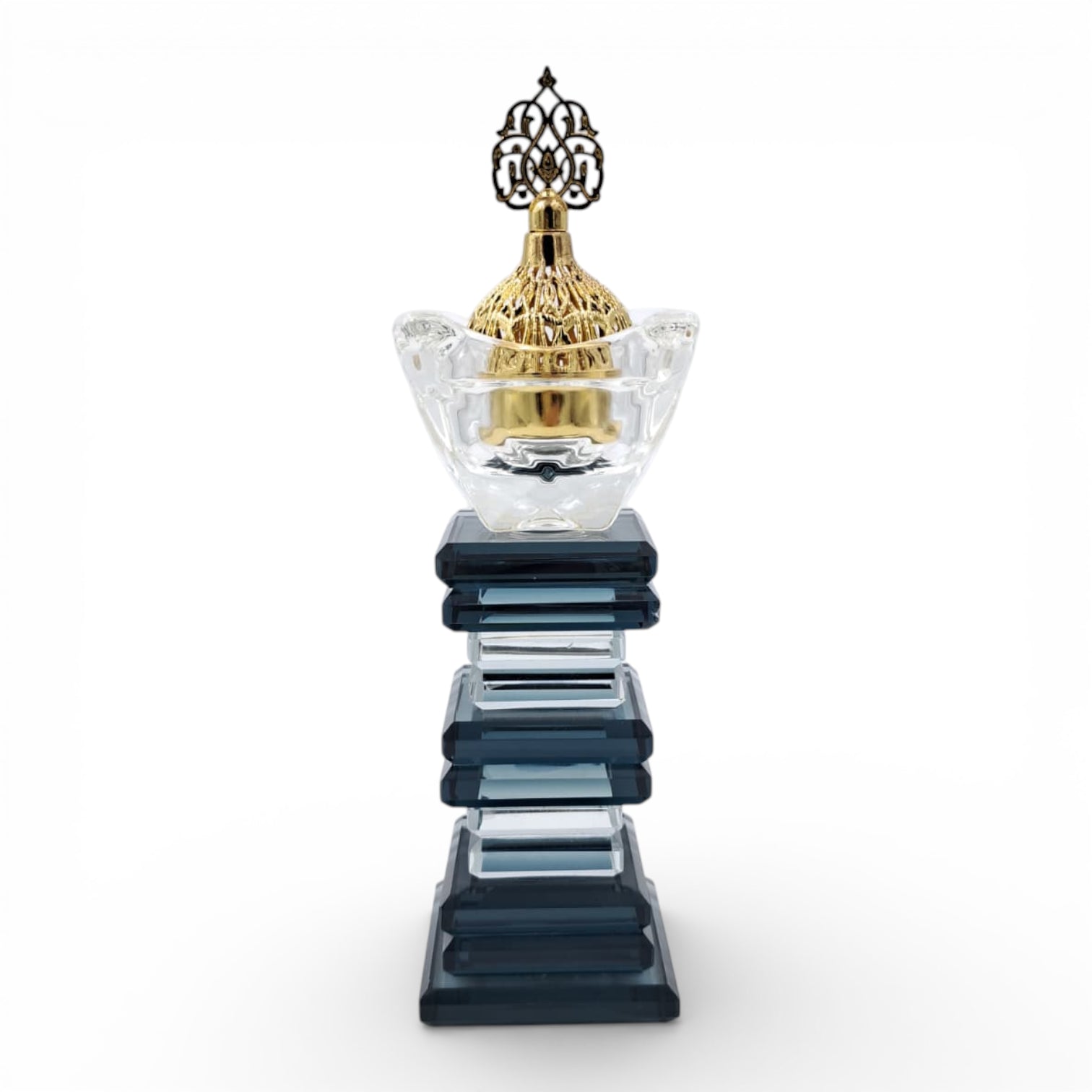 Luxury Crystal Mibkhara Incense Burner – Black or White Glass with Gold Lid, Decorative Bakhoor Burner for Home & Majlis (21H x 6L × 6W CM) - Damoo