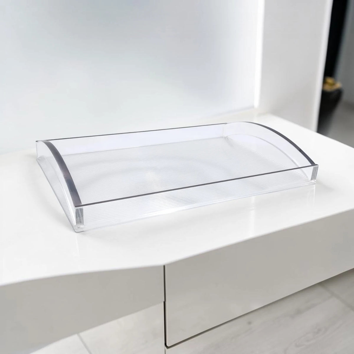 Modern Acrylic Serving Tray with Gold & Silver Arc Handles – Clear Ribbed Organizer Tray (6H x 40L x 27W CM) - Damoo
