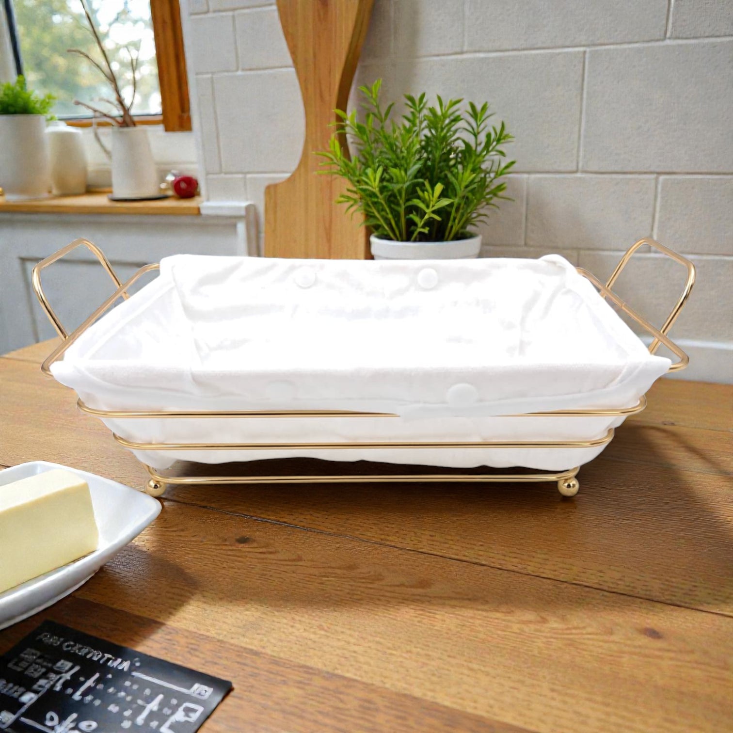 Gold Metal Bread Basket with Fabric Liner – Rectangular Modern Serving Basket (10H x 30L × 19.5W CM) - Damoo