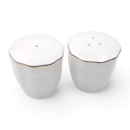 Elegant Porcelain Salt & Pepper Shaker Set – 2-Piece White Gold-Rim Design | Durable Stoneware Seasoning Dispensers for Dining, Kitchen & Table Serving