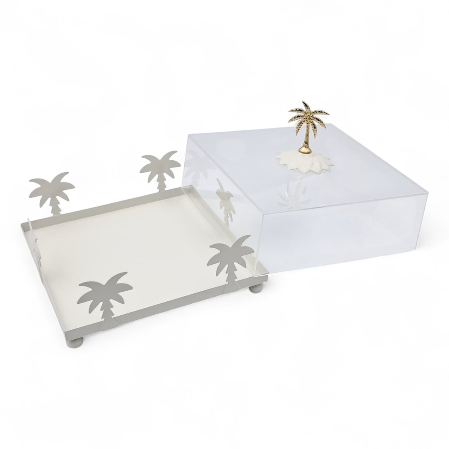 White Palm Tree Square Acrylic Serving Tray with Dome Lid – Elegant Clear Dessert Display Dish | Luxury Candy & Cake Tray with Gold Handle