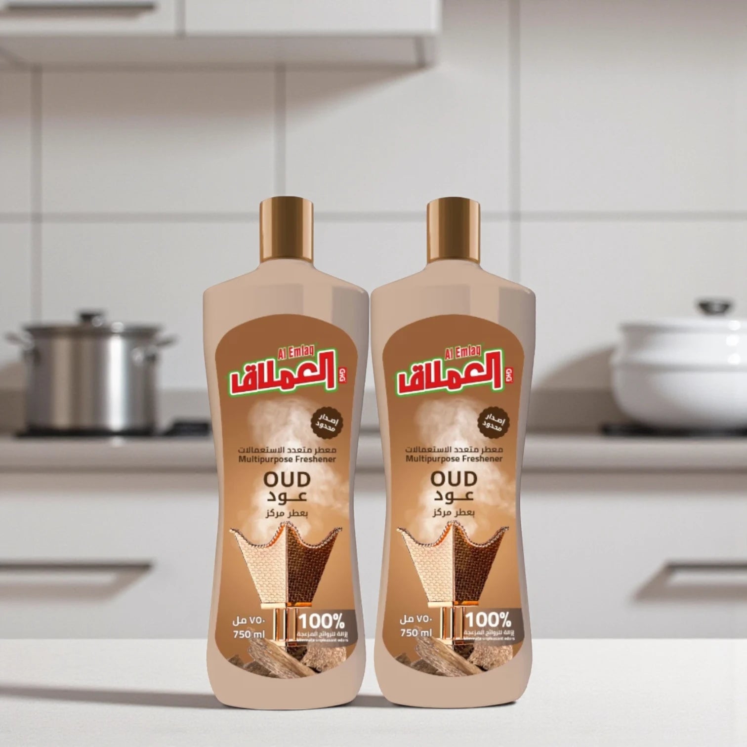 Al Emlaq Multi-Purpose Freshener – Oud Scent – Twin Pack (2 x 750ML) – Long-Lasting Surface & Floor Freshener – Eliminates Odors & Moisturizes Surfaces - Damoo