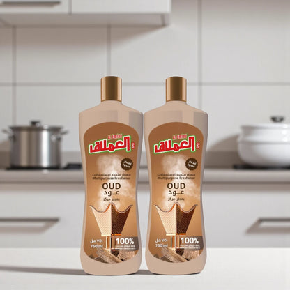Al Emlaq Multi-Purpose Freshener – Oud Scent – Twin Pack (2 x 750ML) – Long-Lasting Surface & Floor Freshener – Eliminates Odors & Moisturizes Surfaces - Damoo