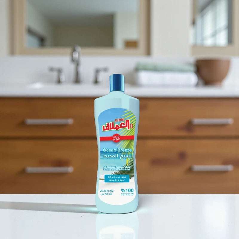 Al Emlaq Multipurpose Liquid Air Freshener – Ocean Breeze Scent – Powerful Odor Eliminator for Home, Office & Bathrooms – Long-Lasting Freshness Up to 24 Hours – 750ml Bottle - Damoo