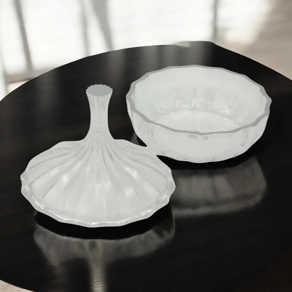 AL Fursan Clear Glass Serving Dish with Lid – Ø 12 cm Elegant Round Tableware for Snacks, Sweets, Dates & Dry Food | Food-Safe Decorative Bowl for Home, Parties & Gifting - Damoo