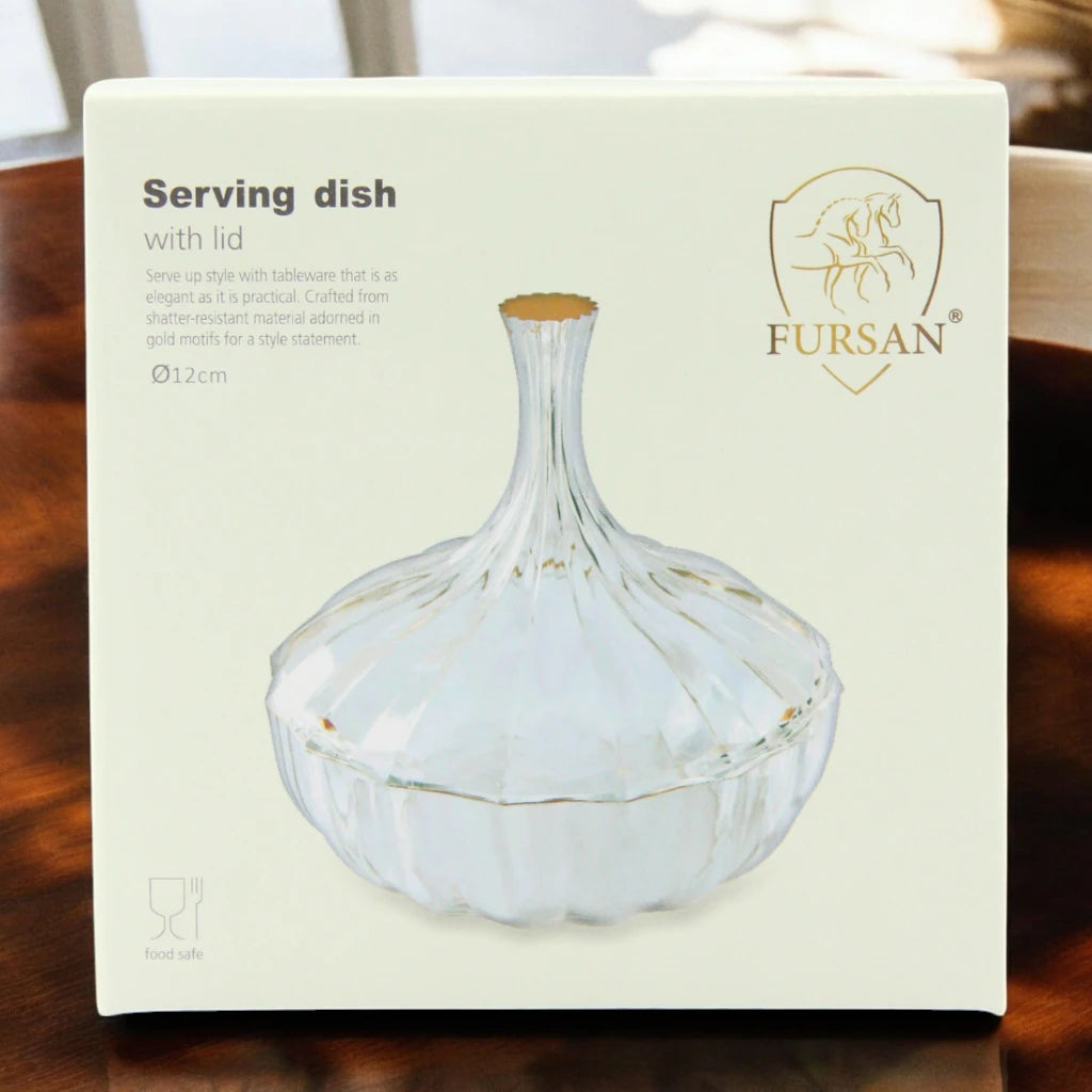 AL Fursan Clear Glass Serving Dish with Lid – Ø 12 cm Elegant Round Tableware for Snacks, Sweets, Dates & Dry Food | Food-Safe Decorative Bowl for Home, Parties & Gifting - Damoo
