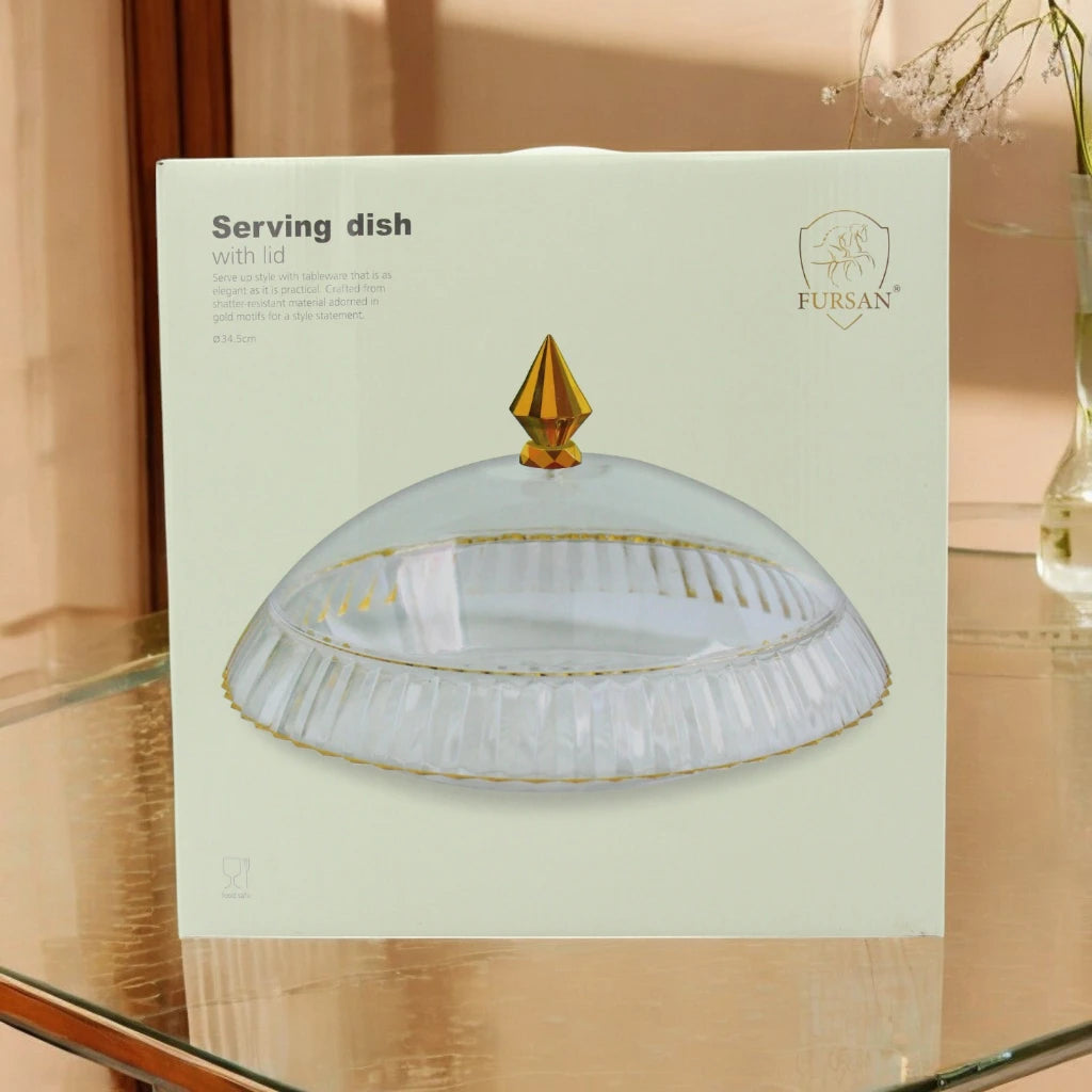 AL Fursan Elegant Acrylic Serving Dish with Lid – 34.5 cm Round Tray with Motifs | Shatter-Resistant, Food-Safe Tableware for Stylish Serving - Damoo