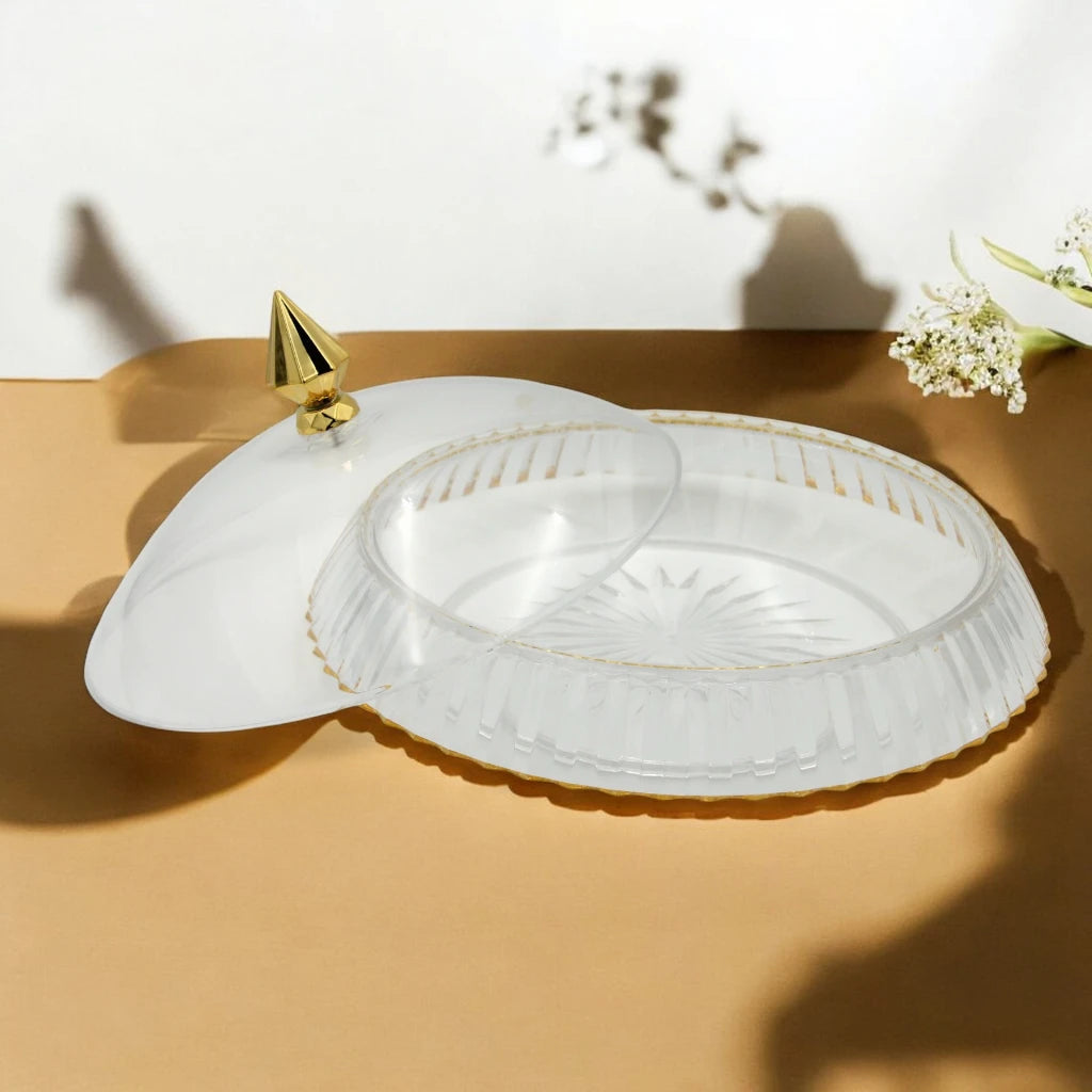 AL Fursan Elegant Acrylic Serving Dish with Lid – 34.5 cm Round Tray with Motifs | Shatter-Resistant, Food-Safe Tableware for Stylish Serving - Damoo